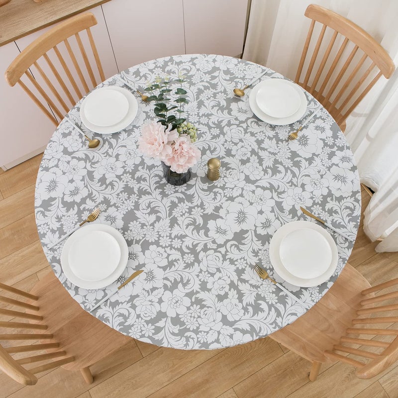 NLMUVW Round Fitted Vinyl Tablecloth with Elastic Edge 100% Waterproof Oil Proof PVC Table Cloth Wipe Clean Table Cover for Indoor and Outdoor  Grey Flower  45""- 56"" - Image 1